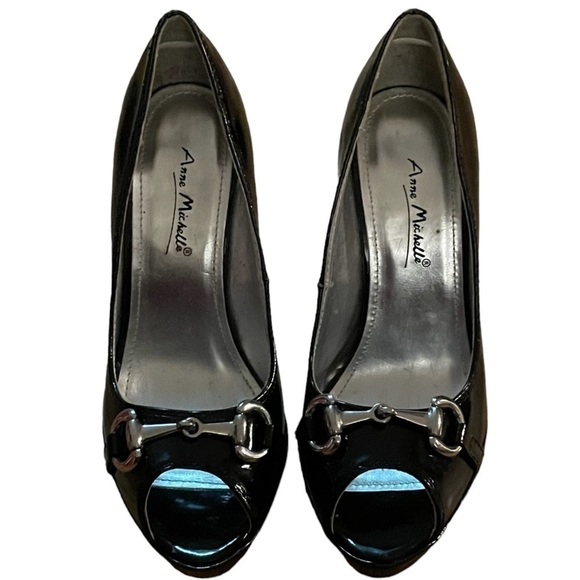 Anne Michelle Black Open Toe Buckle Heels Size 6 - Picture 1 of 8